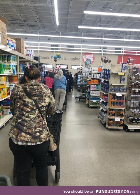 [OC] The line in a North Dakota grocery store today a day before a historic blizzard hits