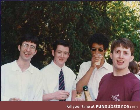 John Oliver in college with Richard Ayoade and David Mitchell