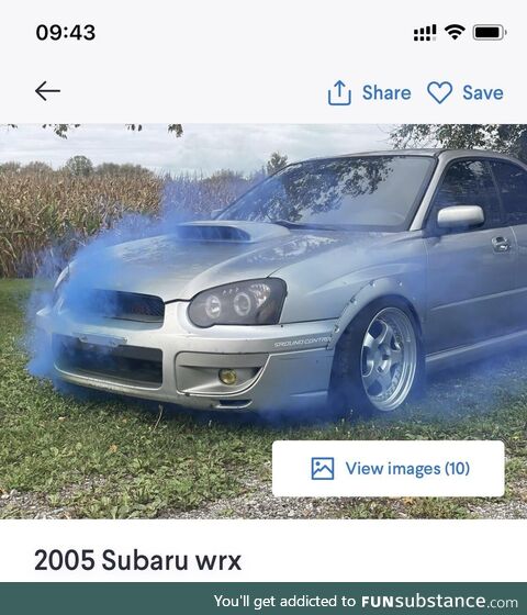 Posted Subaru for sale with the cover photo of it blowing up