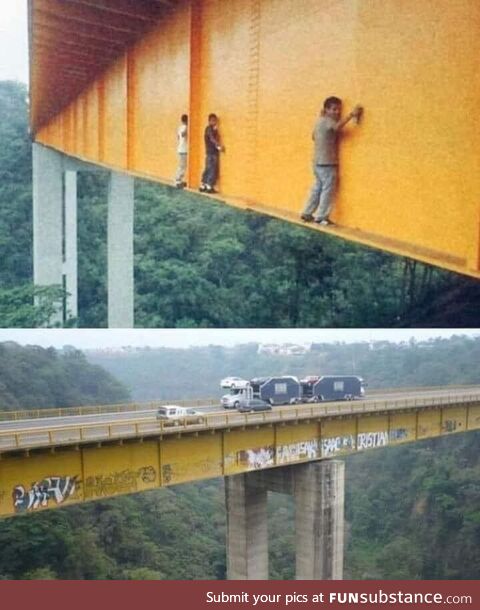 Graffiti artists tagging a bridge in Mexico