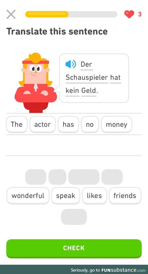 My father is trying out Duolingo, and sent me, a former comedian, this screenshot