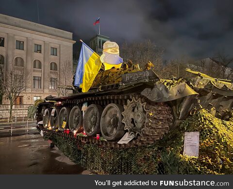 A destroyed T-72B Tank placed in front of the Russian embassy in Berlin