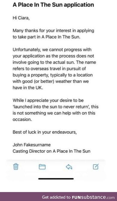 An application to a place in the sun (a TV show in the uk)