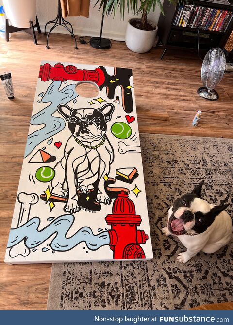 [OC] I painted my dog on one of our corn hole boards this weekend. This is the big reveal: