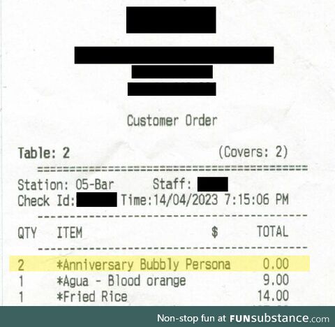 Receipt from dinner last night - glad they saved the surly wait staff for those not