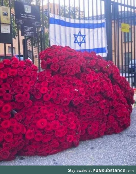 A man placed 900 roses near the Israeli embassy in Stockholm to commemorate the 900
