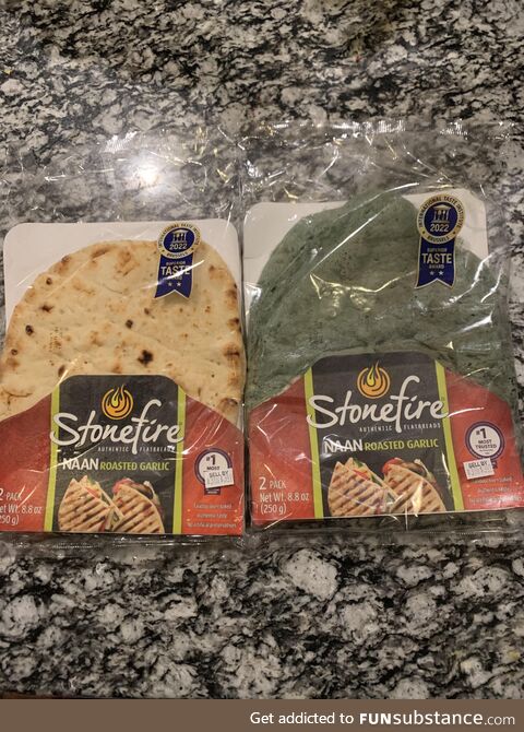 Although one is super moldy, both of these wrapped naan have the same SELL BY date