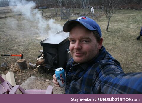Boiling down maple syrup on a sunny day off after an on-call shift. The perfect day
