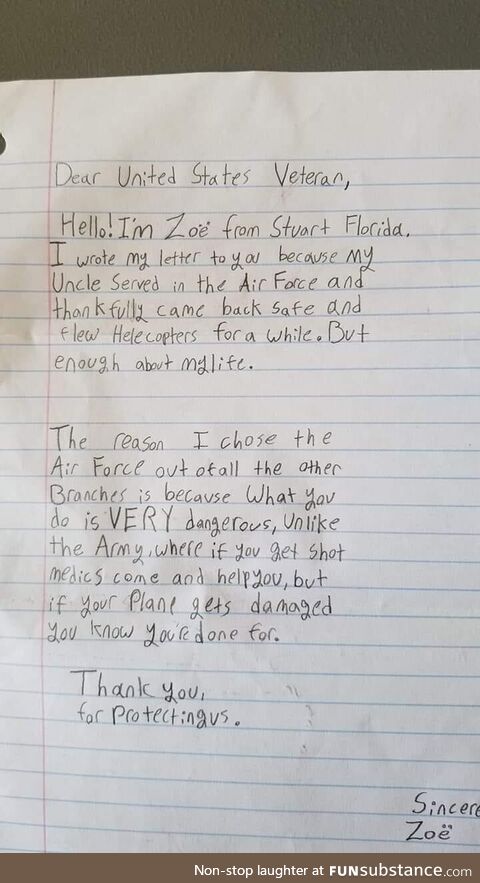 Got this letter from Zoe while deployed. She gets it