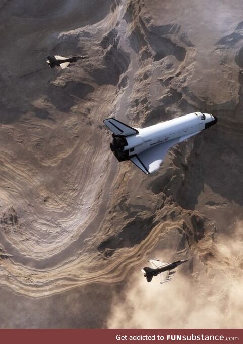 Two F-16 Falcons escorting Space Shuttle Discovery on re-entry