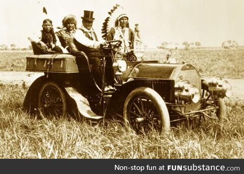 Geronimo taking a drive with others in a Locomobile Model C in Oklahoma c. 1905