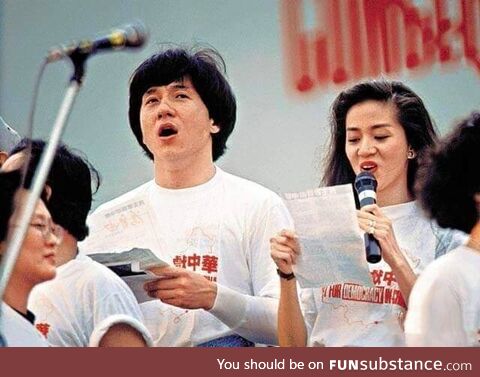 Jackie Chan at a benefits concert in Hong Kong supporting the Tiananmen Square