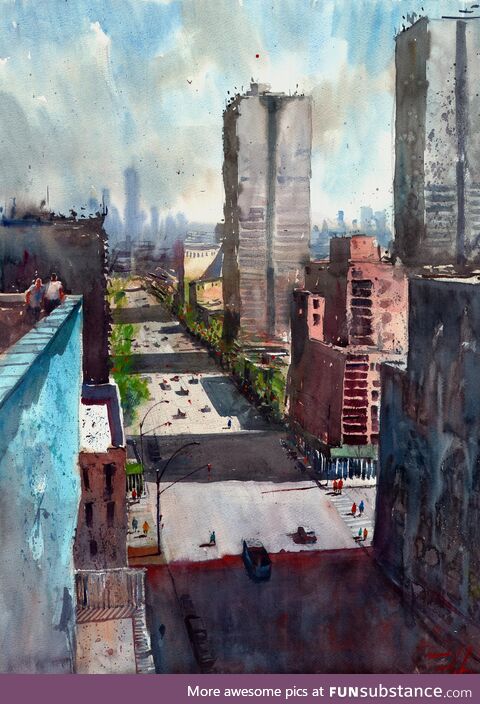 I painted the view from my roof in watercolor (oc)