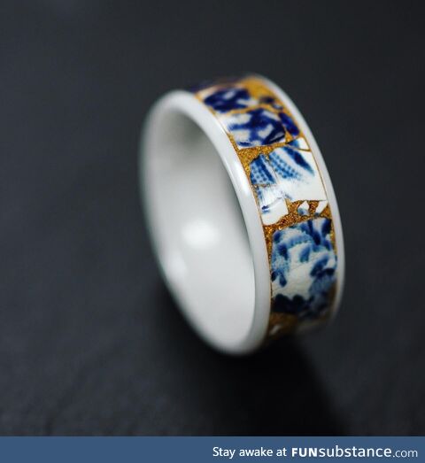 Kintsugi style white ceramic teacup ring