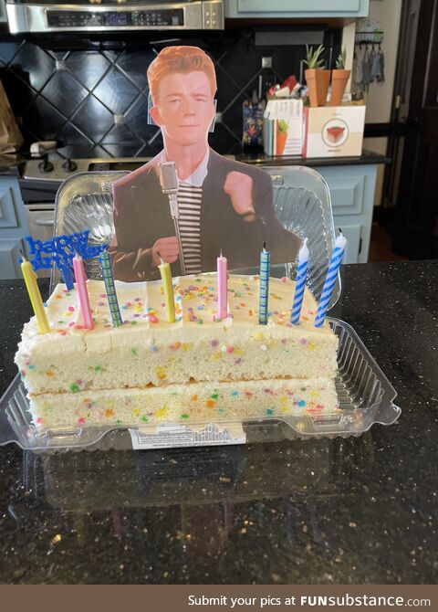 My 8 year old son requested a Rick Astley cake for his birthday!