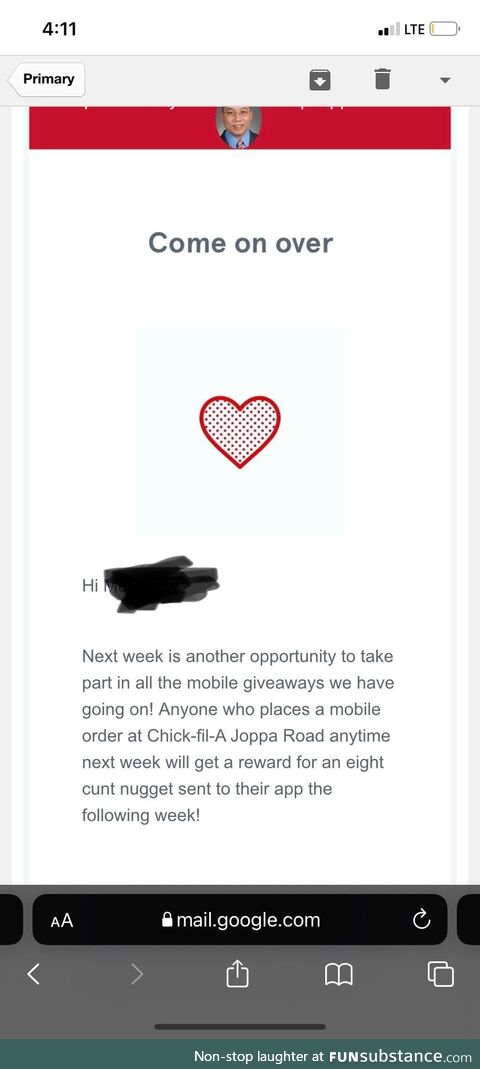 My spouse got an interesting email from Chick-fil-A