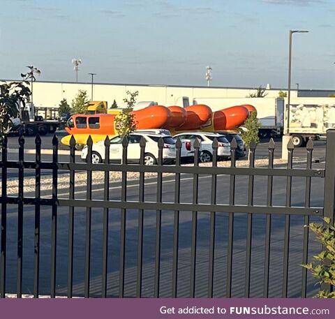 There are (6) active Weinermobiles in the world; And (5) of them are in this parking lot