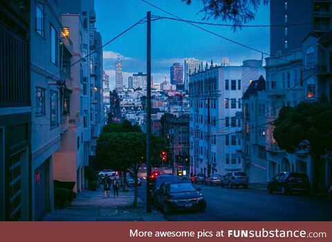 Walking in San Francisco at dusk