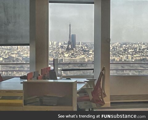 Eiffel Tower today from my work desk at La Defence (ugly Montparnasse tower in the