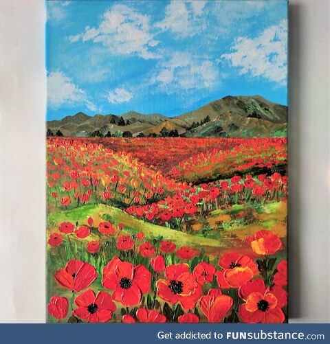 My bright textured painting with California poppies, canvas, 16x12"
