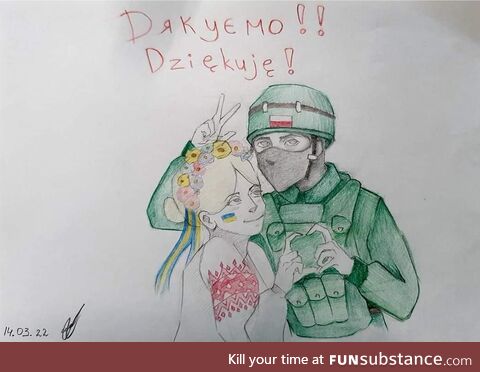 Ukrainian girl gave this to a Polish soldier - it says 'thank you' in Ukrainian and Polish