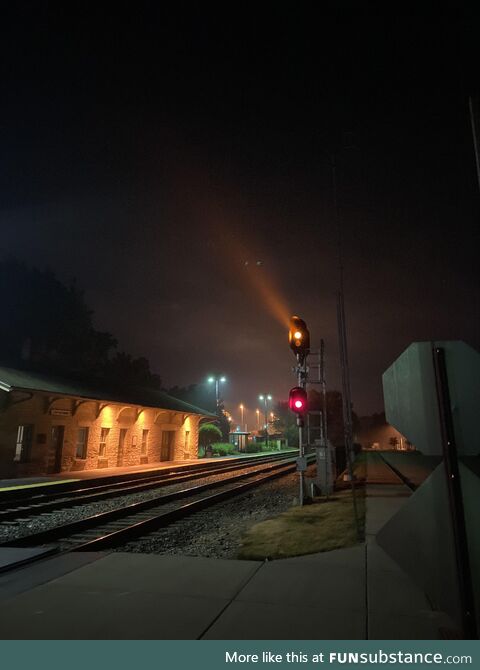 (By me) Train station at night in Lockport, Illinois. Heavy and Light fog rolled in on