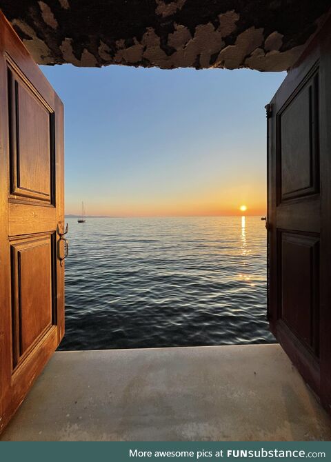 View from my hotel window, Molyvos, Mytilini, Greece. This is the Olive Press Hotel in