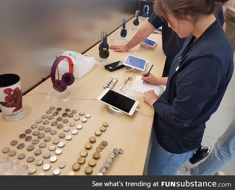 Buying an iPad in the Apple store with hundreds of dollars in coins