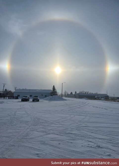 "Sun Dog" in Montana - Refraction of light by atmospheric ice crystals at very cold temps