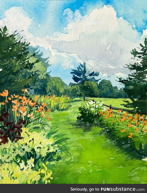 Painted my Mom’s Maine perennial garden this morning! 7x5” gouache!