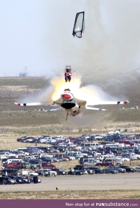 Pilot Chris Stricklin ejecting from a Thunderbird 140ft above the ground, 0.8 seconds