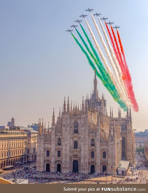 Frecce Tricolori fly over the Duomo of Milan, Italy