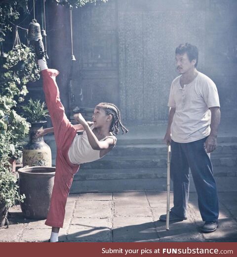 Jaden Smith practicing the bell kick scene for the Karate Kid(2010) with Jackie Chan