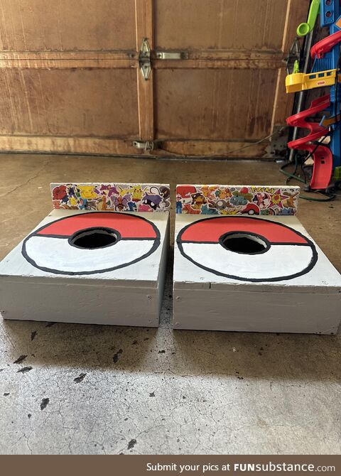 Refinished my version of washer toss as poke balls for my kiddos birthday party this