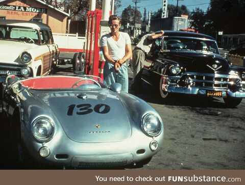 James Dean with his Porsche Spyder, "Little Bastard"