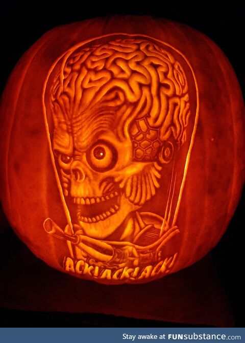 Ack Ack Ack! Carved by me into live pumpkin last Halloween