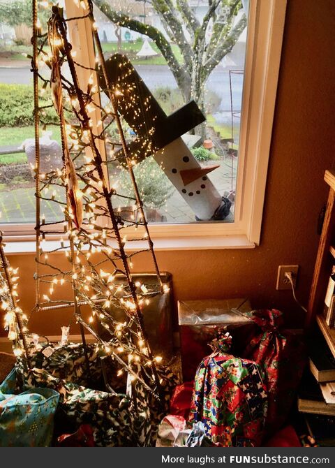 My aunt's Christmas decorations were moved around by a windstorm and she woke up to this