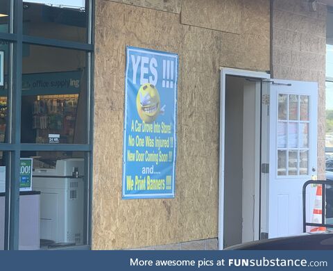 A car drove into my local UPS store. They turned it into a business opportunity