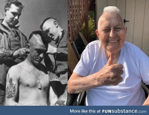 Guy Whidden getting a Mohawk the day before D-Day. He’s doing it again to bring joy to