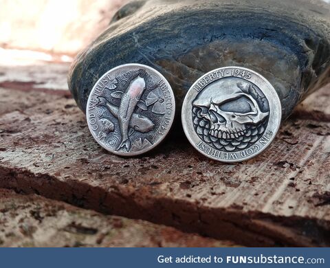 A couple Hand carved Jefferson "War" nickels. Done by Wes B