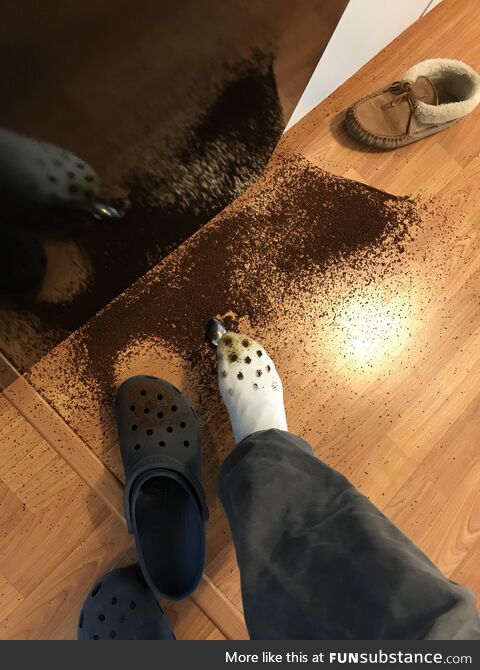 Spilled coffee+crocs+socks
