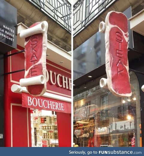 A skate Shop & a butchershop are located next to each other. They share one sign