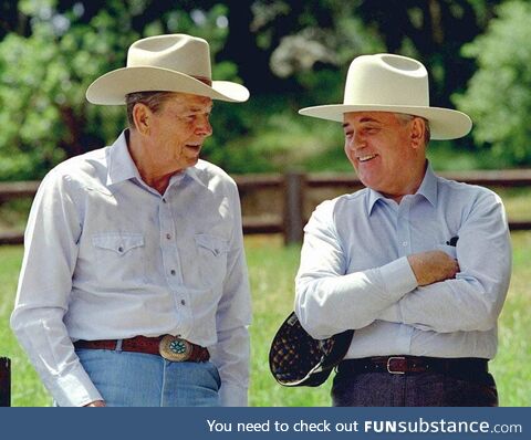 Ronald Reagan and Mikhail Gorbachev on Rancho del Cielo, a California ranch. 1992