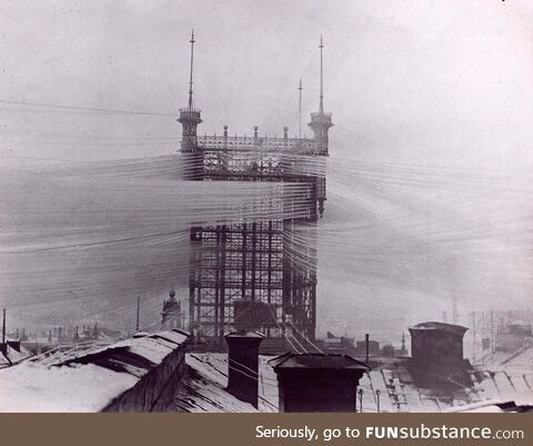 A telephone tower with approx. 5,500 lines in Sweden circa 1890