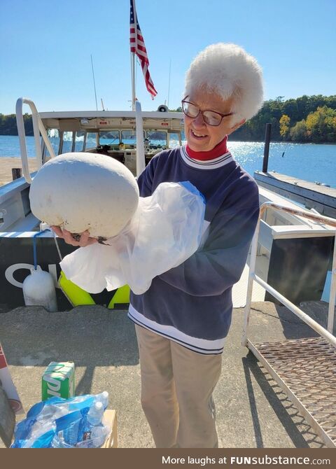 A grandma with a puffball mushroom