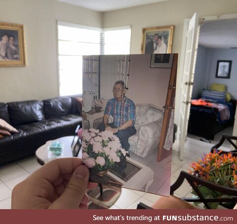 [OC] My grandfather in our living room in the early 90s vs. The same living room today