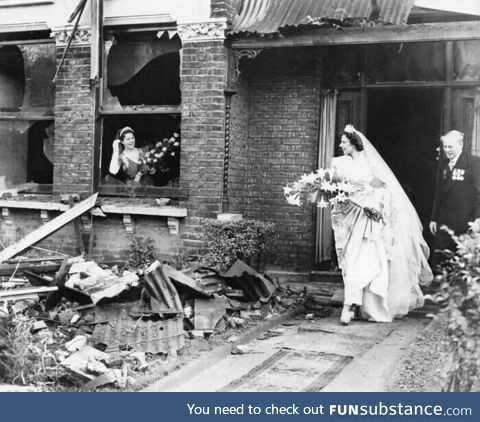 Bride leaving her recently bombed home to get married [london, nov 4, 1940]