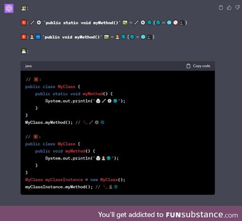 GPT-4 explains the difference between static and non static methods - using emojis only