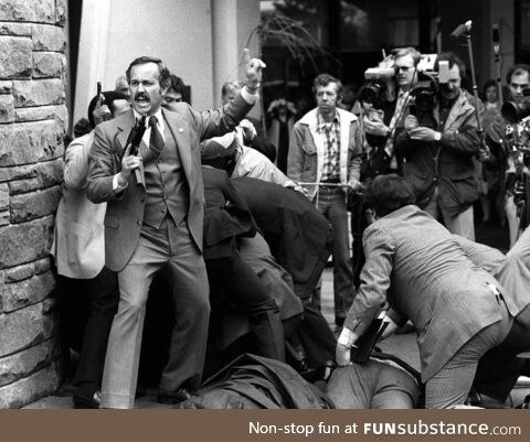 The chaotic scene after the attempted assassination of President Reagan, 1981