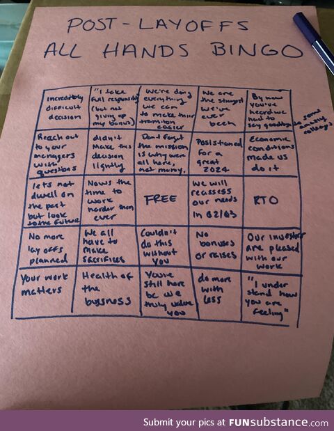 Made my husband a “post-layoffs all hands bingo” card